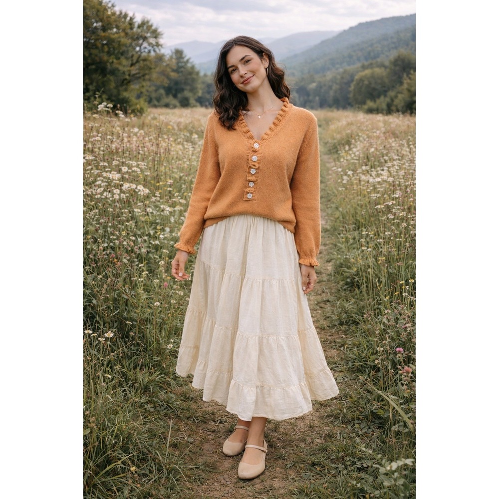 Cottagecore Prairie Soft Orange‎ Ruffle Rhinestone Pearl Buttons XL Sweater